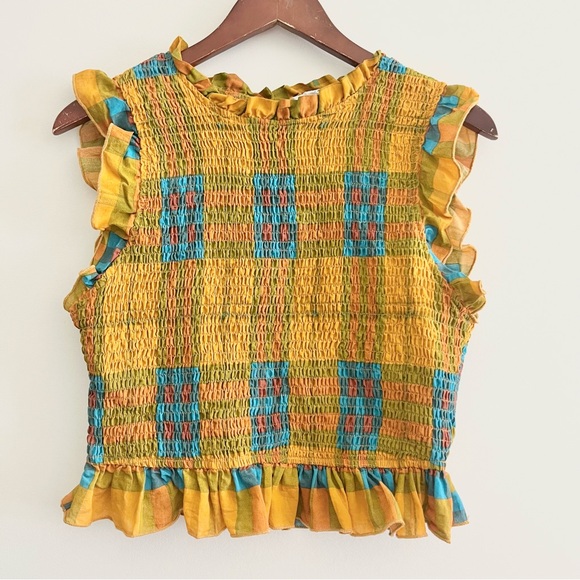 Andree by Unit Marley Mock Neck Smocked Top Plaid Pattern Yellow Blue Cropped M - Picture 5 of 13